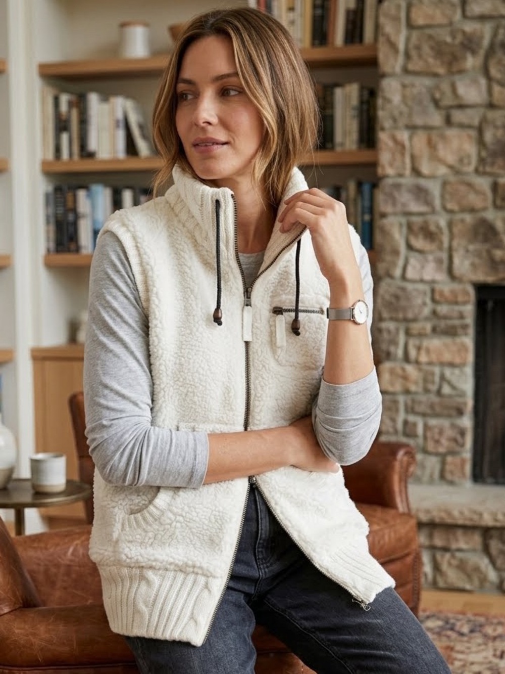 Orvis Size Medium White Sherpa Soft Fleece Zip Up Vest High Collar Knit Hem